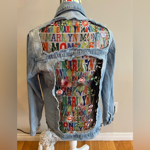 Revamped distressed look jean jacket. Floral lace inert details. - Picture 5 of 5